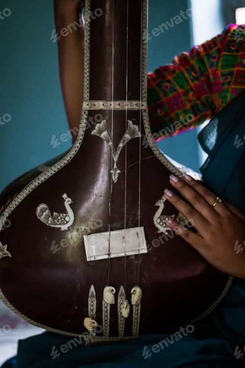 Preview: Middle-aged Indian woman holding an Indian musical instrument tanpura or sitar
