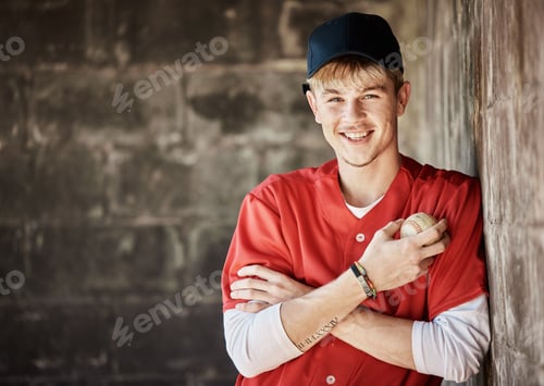 Preview: Baseball, sports and portrait of man athlete standing with ball before game, workout or training. F