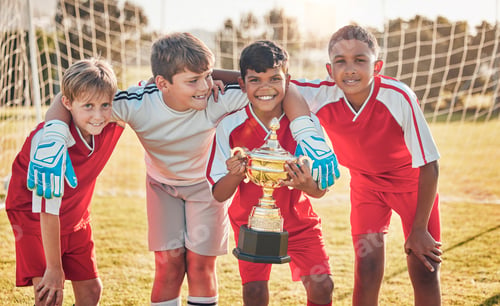 Preview: Football, teamwork and sports with trophy and children at goal post for winner, happy and fitness.