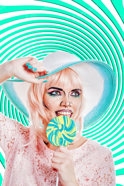 Preview: The Girl In A Hat Licks A Lollipop. Creative Makeup In The Style Of Pop Art. Retro Fashion