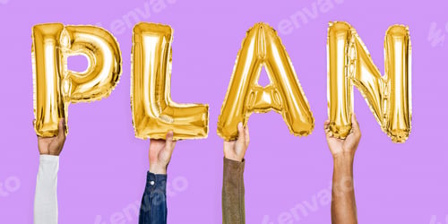 Preview: Yellow gold alphabet helium balloons forming the text plan