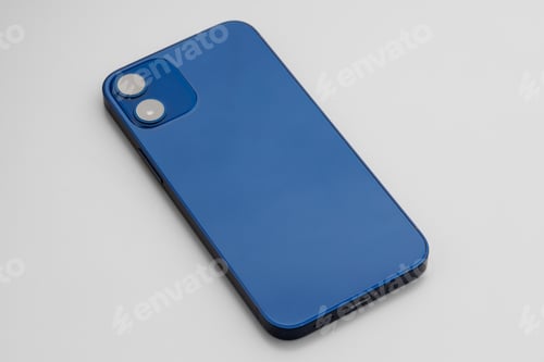 Preview: Blue modern smartphone with double-lens camera on gray background