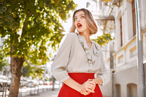 Preview: emotional blonde outdoors in park trees summer