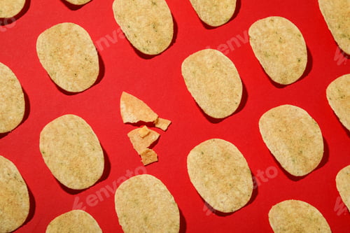 Preview: Crispy potato chips on a red background