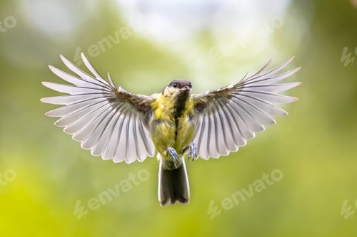 Preview: Bird in flight on green garden background