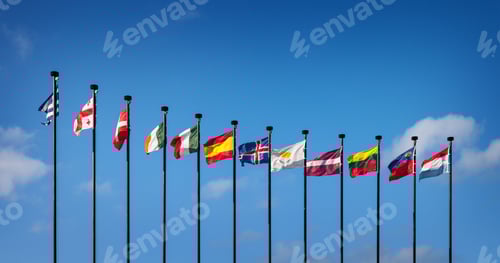 Preview: National flags of the European countries against the blue sky