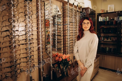 Preview: A young woman chooses glasses in an optical store. Stand with glasses. Vision correction.
