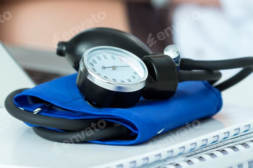Preview: Close up view of manometer laying on working table. Hospital wor