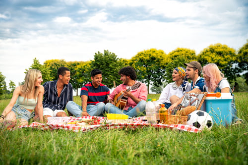 Preview: Group of multiethnic teenagers spending time outdoor on a picnic at the park