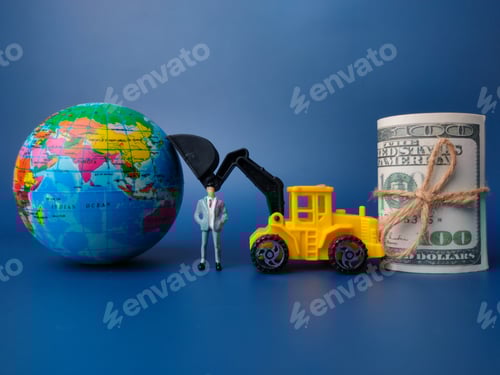 Preview: Excavator pushing earth globe with miniature people and backnotes on blue background.Business concep