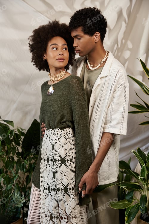 Preview: Young couple showcasing love and style amidst lush greenery in a cozy indoor setting