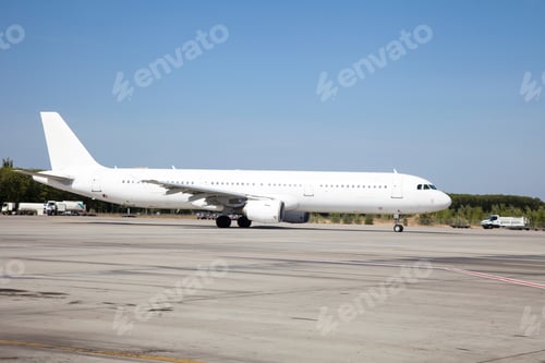 Preview: A white plane on the airport runway is taxiing. Takeoff and landing. Arrival and departure. Place