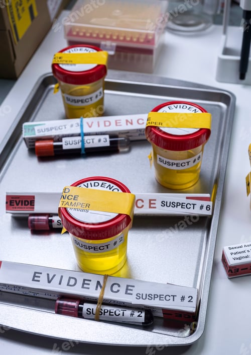 Preview: Various analyses of urine, saliva and blood of homicide suspects in crime lab, conceptual image.
