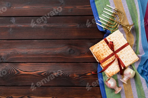Preview: Jewish holiday Passover banner design with wine, matzo on wooden background.
