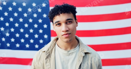 Preview: Man, portrait and american flag for billboard fabric, pride and heritage in background for democrac