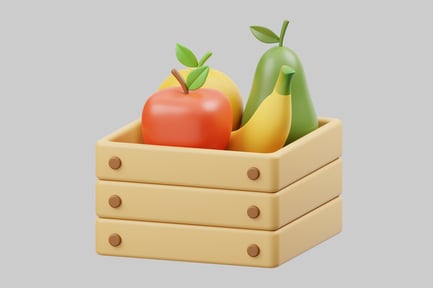 Preview: Cartoon fruits in wooden crate