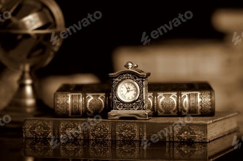 Preview: A small table clock, and old books on a wooden table