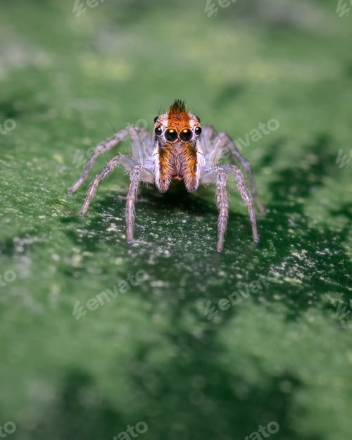 Preview: Small, Colorful Jumping Spider on a Green Leaf