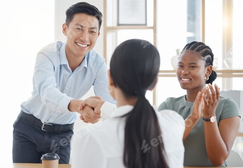 Preview: Handshake, office and success with partnership deal together at corporate company meeting. Professi
