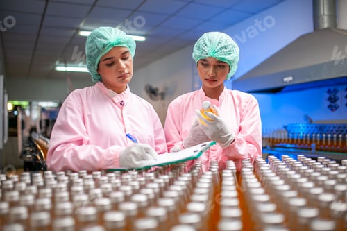 Preview: Asian woman worker with clipboard is checking product bottles of fruit juice on the production line.