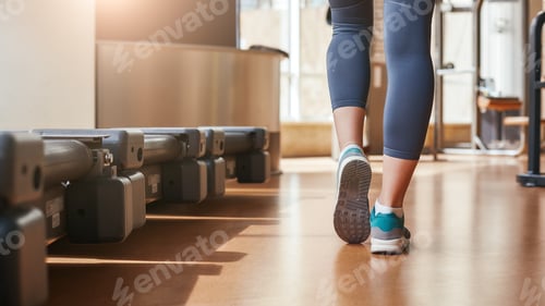 Preview: It was great workout. Back view of woman legs in leggings and blue sneakers walking against gym