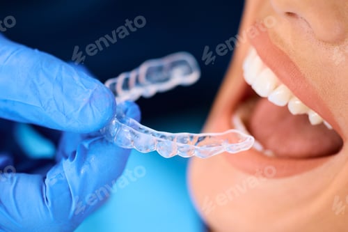 Preview: Close up of woman getting orthodontic teeth aligner during appointment at dentist's office.