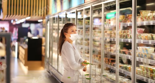 Preview: Woman Choosing Frozen Food From A Supermarket Freeze.Supermarket Shopping, Face Mask