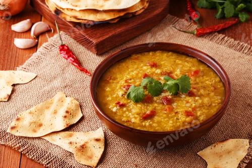 Preview: Thick indian red lentil soup with cilantro served with indian flat bread.