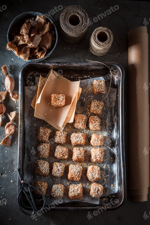 Preview: Homemade and sweet fudge with sesame. Homemade sweets.