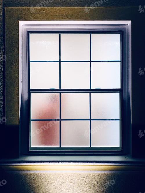 Preview: adult taking a shower behind the fogged glass window.