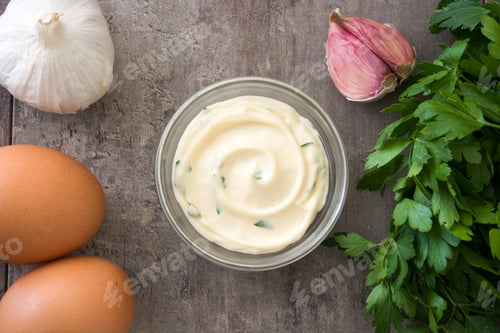 Preview: Homemade aioli sauce with eggs, garlic and parsley on rustic table