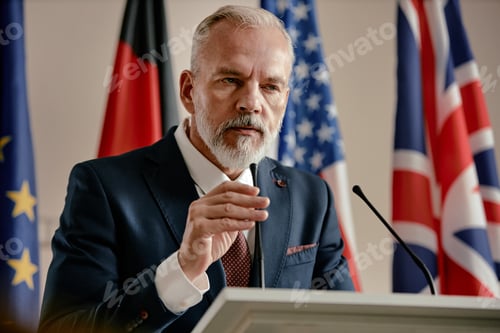 Preview: Caucasian Middle Aged Man Speaking at International Political Conference