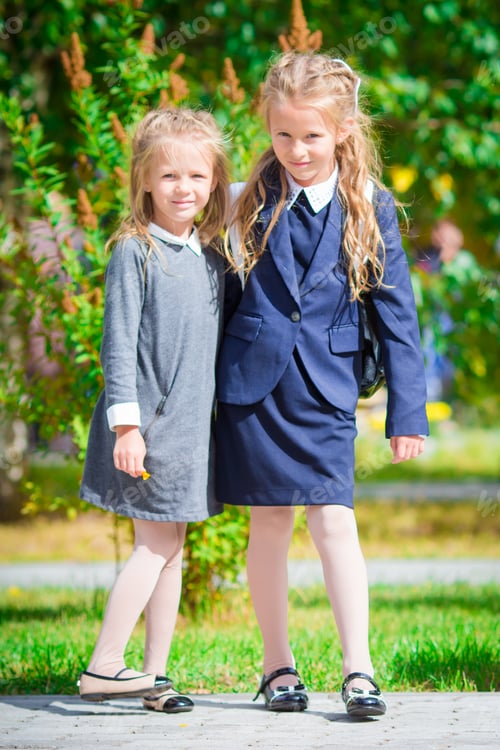 Preview: Two cute smilling little girls posing in front of their school. Adorable little kids feeling very
