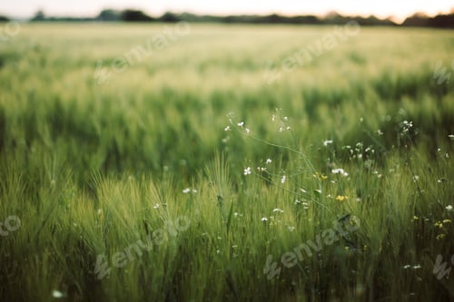 Preview: Wheat and cornflowers in sunset light in summer meadow,