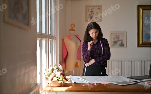 Preview: Female fashion designer working on workplace with design new fashion.
