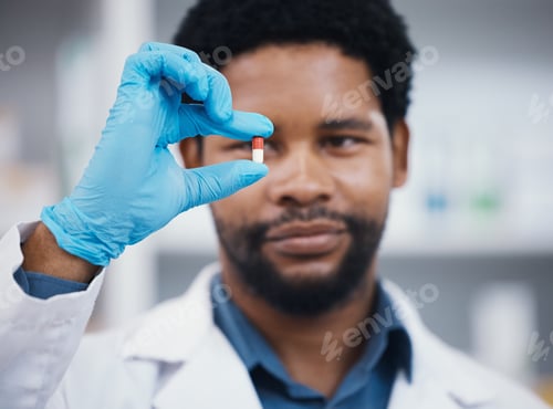 Preview: Worker, pharmacist or holding medicine in research, medical healthcare or wellness innovation in re