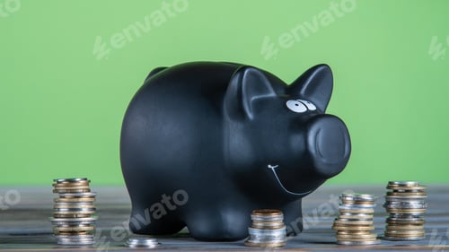 Vista previa: Smiling black ceramic piggy bank money-box still box near stacks of coins on table on green