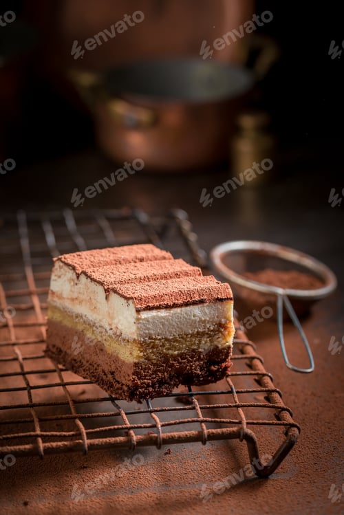 Preview: Yummy tiramisu cake made of mascarpone, biscuits and cocoa.