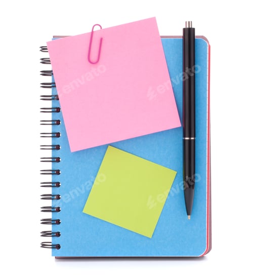 Preview: Blue notebook with notice papers and pen