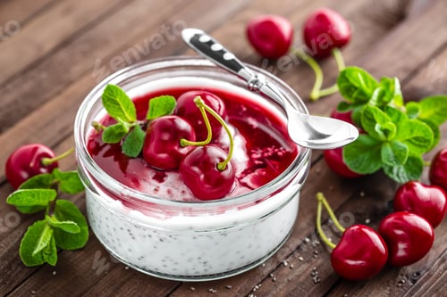 Preview: Fresh yogurt with cherry and chia seeds, delicious dessert for healthy breakfast