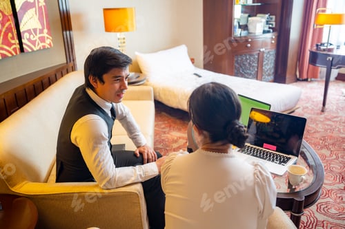 Preview: business partner person meeting and talking discussing with team together in modern office