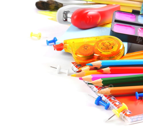 Preview: School tools and accessories on white background.