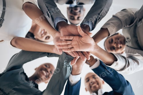 Preview: Work, motivation and hands in teamwork support of happy office worker group together. Business col