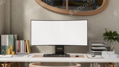 Preview: White screen computer aside calculator and gold coin with book and folder on working table in office