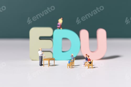 Preview: View of teacher and student figurines standing around EDU letters