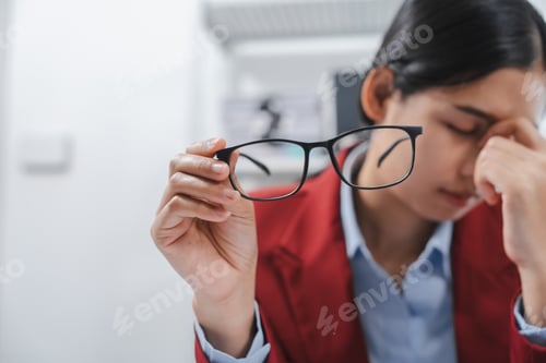 Preview: stressed individual with glasses, wearing a red blazer, with a large stack of papers