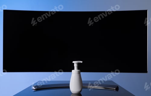 Preview: large widescreen monitor with a can of antiseptic in the foreground Concept of combating covid