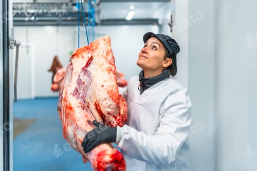Preview: Female butcher reaching a piece of meat