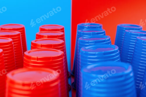 Preview: Beer pong, college party game. Plastic red and blue color cups