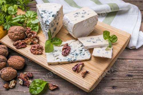 Preview: Fourme d'ambert blue cheese and walnuts. Wooden background. Top view